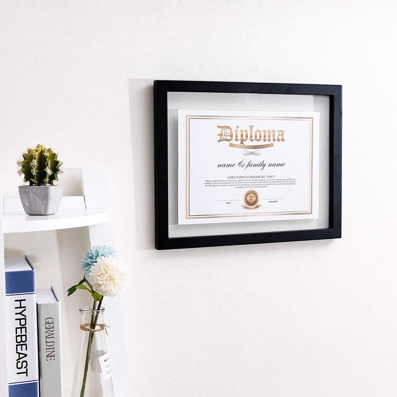 UMICAL 2 Pack - 11x14 Float Document Frame with Double Sided HD Plexiglass for Floating Display of 8.5x11 Document, Certificate, Image or Artwork, Wood Diploma Frame Decor of Wall Mounting, Black - Image 5